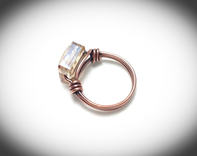 Copper wire ring with square cut swavorski Crystal in light topaz