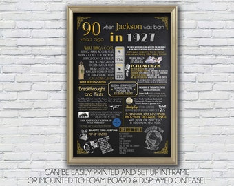 Personalized 90th Birthday Poster Art, 1927 Digital Chalkboard, 1927 Events, Milestone Birthday, anniversary - High Resolution Digital File