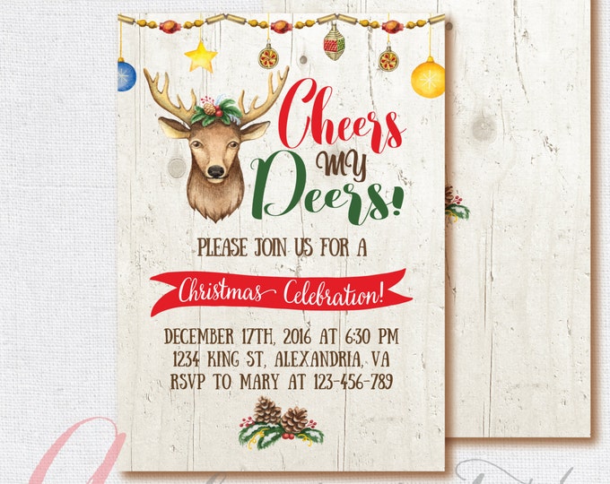 Christmas Invitation, Christmas Invite, Holiday Invitation, Deer invitation. Vintage Christmas invite, Holiday Invite.Rustic Christmas Party