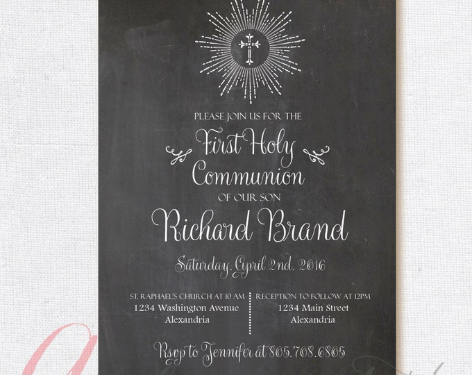 Chalkboard invitation. First Communion Invitation. First Holy Communion. Printable Party invitation. Chalkboard First Communion invitation.