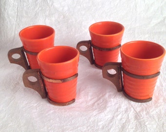 4-1940s Ribbed Bauer Ring Ware coffee cups