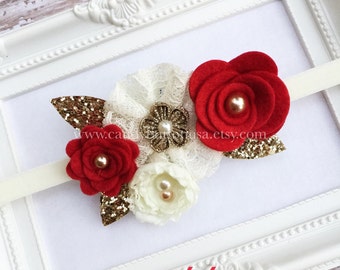 Christmas Headband, Red Gold Headband, Gold Baby Headband, Holiday Baby Headband, Red Gold Hairbows Glitter Bows Christmas Baby Headband