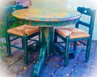 SOLD - Shabby Chic Kids Table, green, vintage, children's table and chair set, farmhouse, pedestal table, distressed, table & chairs, matchi