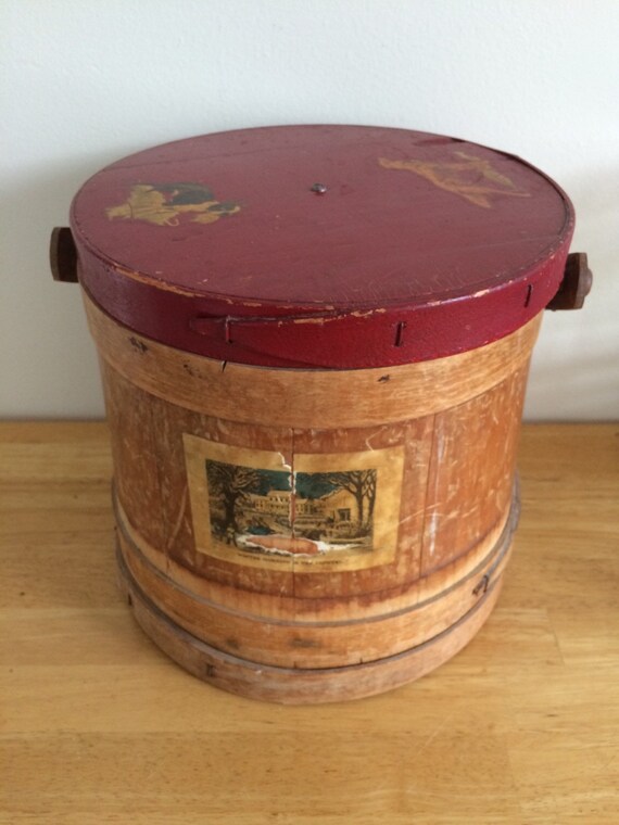 Vintage Wooden Firkin Sugar Bucket w/Lid. Unique Label and