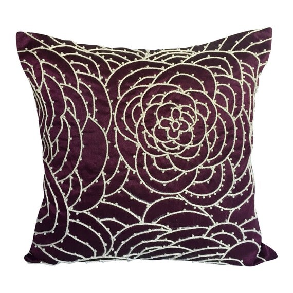 Plum Decorative Pillow Cover With Cord Work & Pearl