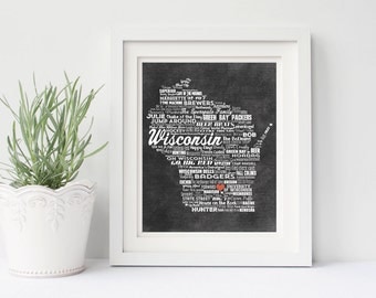 Personalized WISCONSIN State Chalkboard WordArt Add your Hometown & Family Names! Printable DIGITAL Artwork Badgers Green Bay Packers