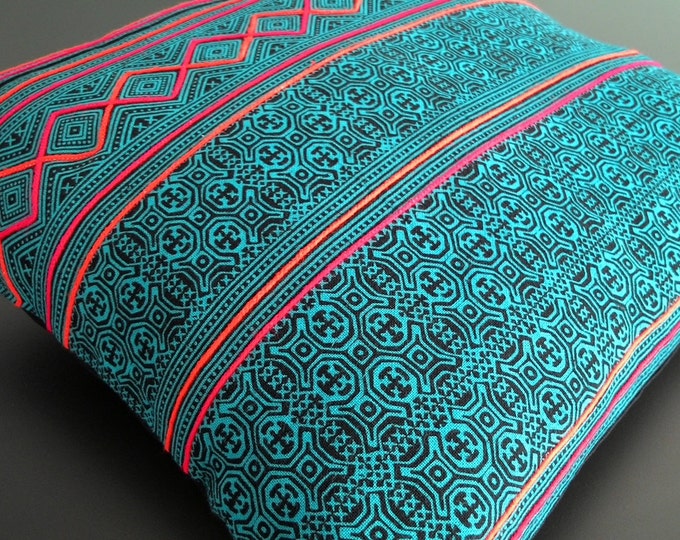 Hmong Vintage Batik Cushion Cover, Tribal Throw Pillow Case, Blue Teal Hill Tribe Tradition Ethnic Textile Case