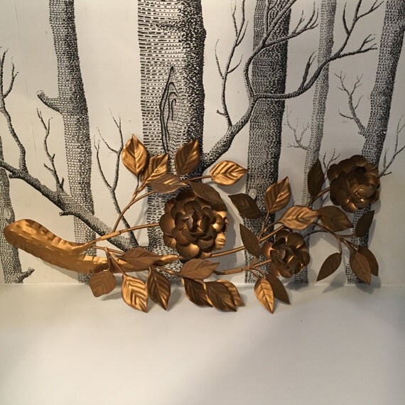 Vintage Bronze Metal Flower Sculpture Wall Art Pair Shabby