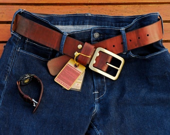 Leather Belt, Single Prong, 50 mm width, Thick Belt for jeans