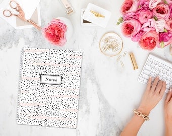 NOTES Black and White Polka Dot Notebook with Blush Stripes