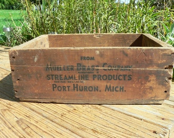 WOODEN BOX: Vintage Advertising Crate, Mueller Brass, 1940s
