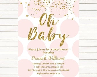 Pink and Gold Baby Shower Invitation, Gold Confetti Baby Girl Shower Invitation, Pink Gold Polka dots Gold and Pink JPEG PDF Printable203
