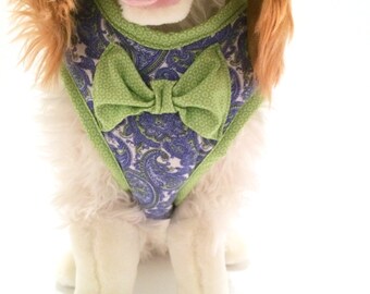Blue Paisley & Lime Comfort Dog Harness with Bowtie