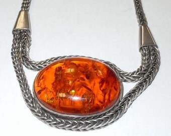 Vintage Cabochon Baltic Amber Sterling Silver Necklace Cognac Honey Brown
