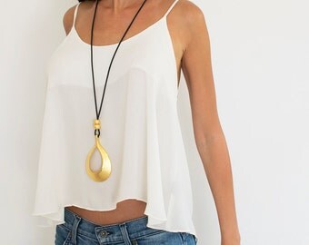 Gold Pendant Necklace, Drop Pendant, Black Leather Necklace, Long Statement Necklace, Stunning Long Necklace, Gold Beads Necklace, Charm.