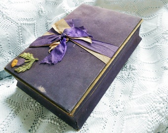 Antique Storage Box Fabric covered Violet Chocolat Box Thistle Embroidery