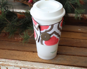 Reusable Coffee Cup Sleeve, Coffee Cup Cozy, Chocolate Brown and Coral Coffee Cozy, Ready to Ship