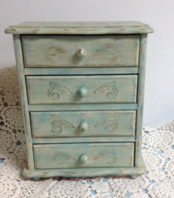 Vintage Wood Jewelry Box Blue Jewelry Box Chalk Paint Jewelry