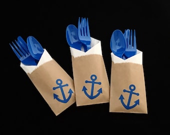 Cutlery Bags - Anchor - Nautical Baby Shower - Nautical Wedding - Beach Wedding - Engagement Party - treat bag - party favors - Anchor Party
