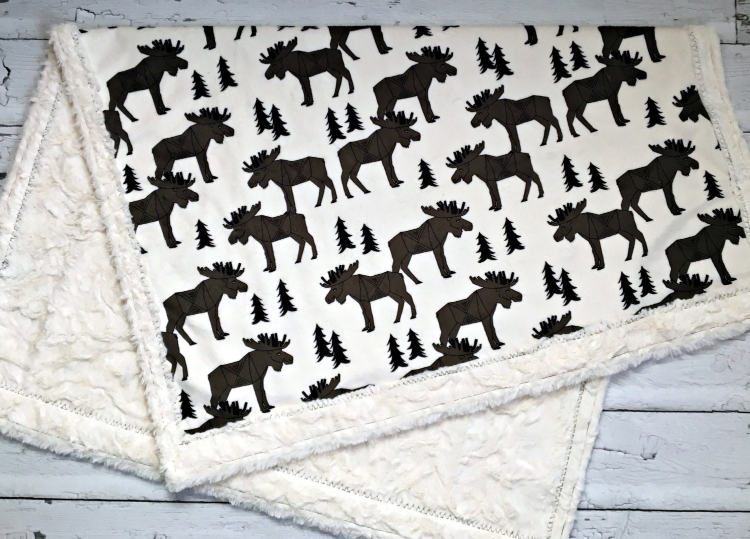 Moose Baby Blanket Designer Minky Ivory