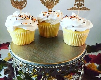 Thanksgiving Glitter Cupcake Toppers, Acorn Turkey Pilgrim Hat Cupcake Toppers, Fall Glitter Cupcake Toppers - Set of 12, Various Colors