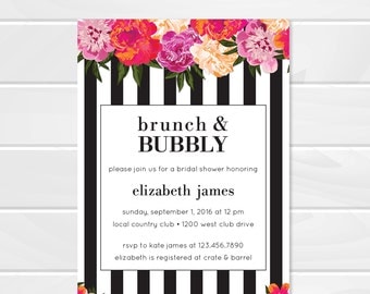 Brunch and Bubbly Floral Baby Shower Invitation, Black and White Stripes, Kate Spade