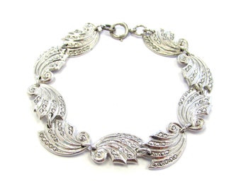 Vintage Sterling Silver Marcasite Studded Whimsical Feather Wing Link Bracelet, 7 1/2" long