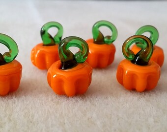 6 Small Lampwork Glass Pumpkin Charms | Jack O Lantern | Halloween Charm