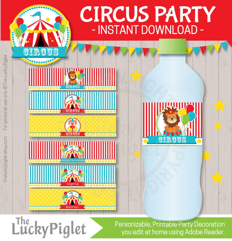 CIRCUS WATER BOTTLE Labels Circus Party Bottle Wrapper