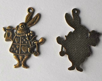 5 x Alice In Wonderland Rabbit Bunny Antique Bronze Beads/Charms/Pendants 24x36mm - CH22