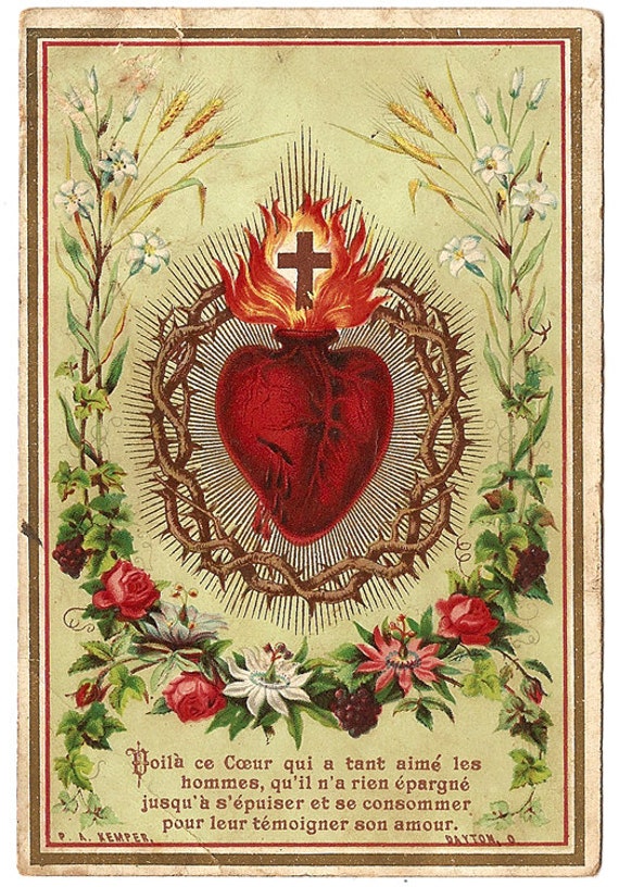 RARE Sacred Heart Of Jesus Antique French Holy Prayer Card