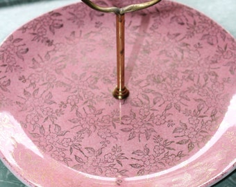Pink and Gold Filigree Vogue Moderne Aynsley Cake Plate -- Cake, Serving, Plate, Handle -- 9" -- H. Aynsley; England