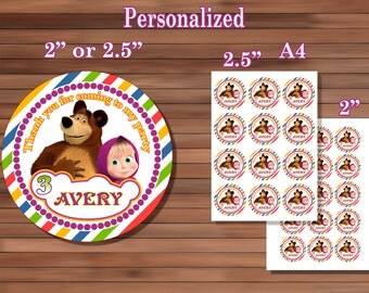 Masha and the Bear Stickers, Birthday Party Thank you, Personalized Stickers, PDF