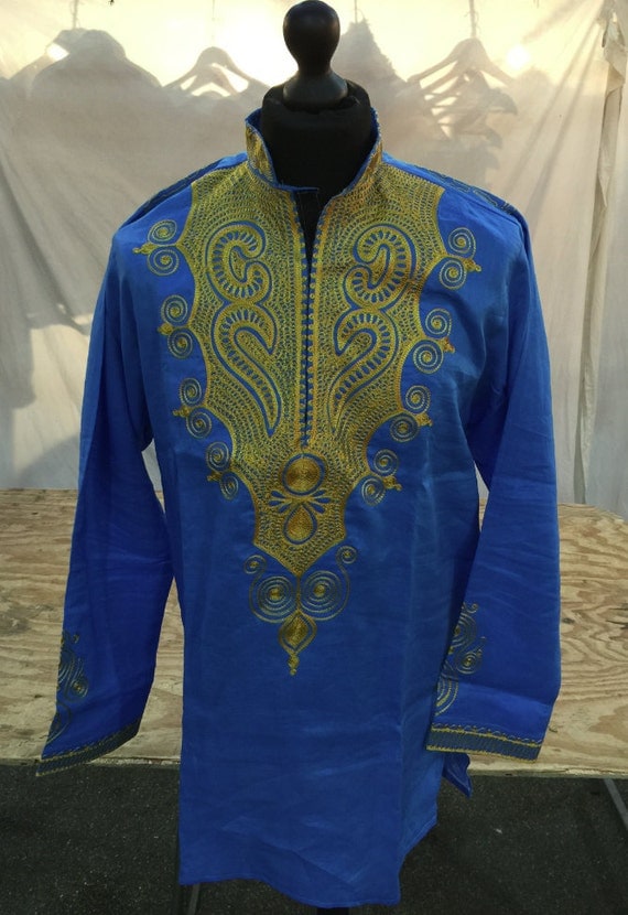 Torquoise Blue African Top, Gold embroidery, Top only