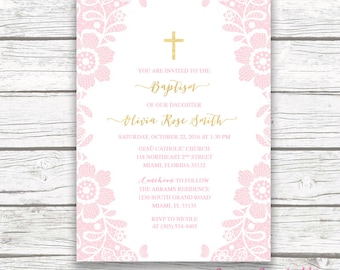 Lace Baptism Invitation Girl, Christening Invitation, First Communion Invite, Pink and Gold Baptism Invite, Printable