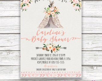 Teepee Baby Shower Invitation, Boho Baby Shower Invitation, Tribal Invitation, Watercolor Floral Girl Invite, Pow Wow Printable Invitation