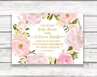 Rose Baby Shower Invitation, Floral Baby Shower Invitation Girl, Boho Baby Shower Invite, Pink and Gold Foil, Printable Invitation