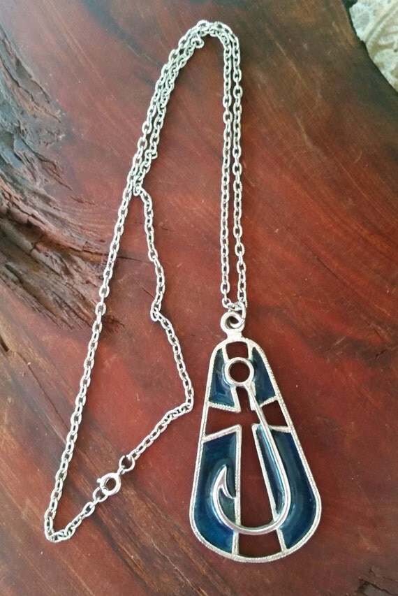 Cross Blue Enamel Necklace Cross Pendent with Fish Hook Fish