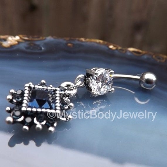 Belly Button Ring 14g 7/16 Blue Gemstone Diamond Silver