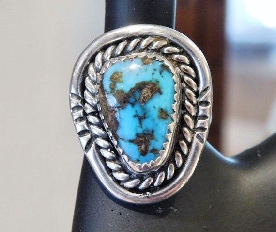 Vintage Turquoise Ring Morenci Sterling Silver Ring Native American Southwestern Turquoise Vintage Jewelry Artisan Hand Crafted 1970s