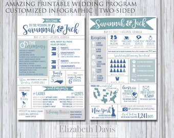 Infographic Wedding Program printable | modern, fun, entertaining for guests | states, travel, destination, fun facts, drinks, hashtag, pets