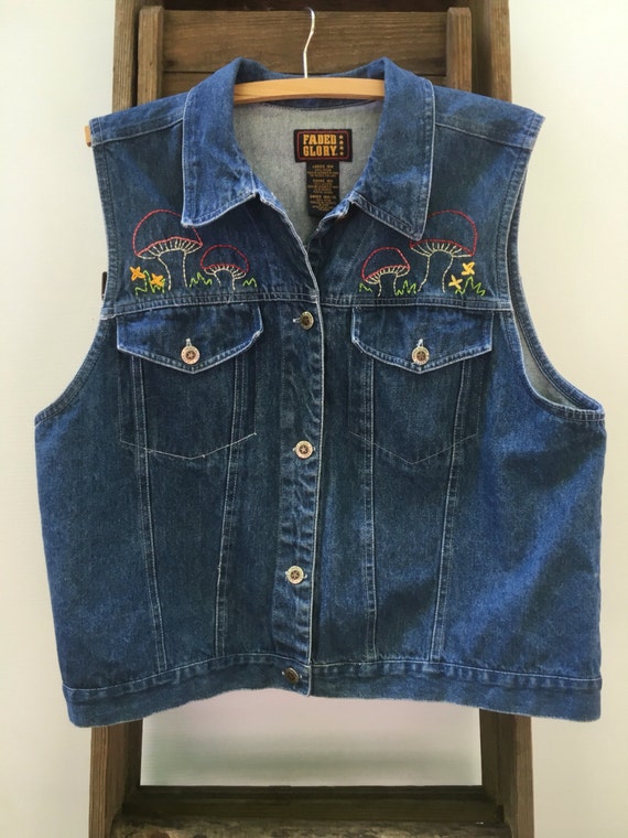 Embroidered denim jean vest retro 70's by savingmyvintageheart