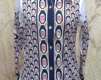 Vintage 1970s Blue, White and Orange Print Blouse