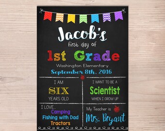 First day of School Sign, First Day of 1st Grade Sign, 2nd 3rd 4th, Boy Girl Chalkboard Poster, 1st Day Back to School, Printable, ANY GRADE