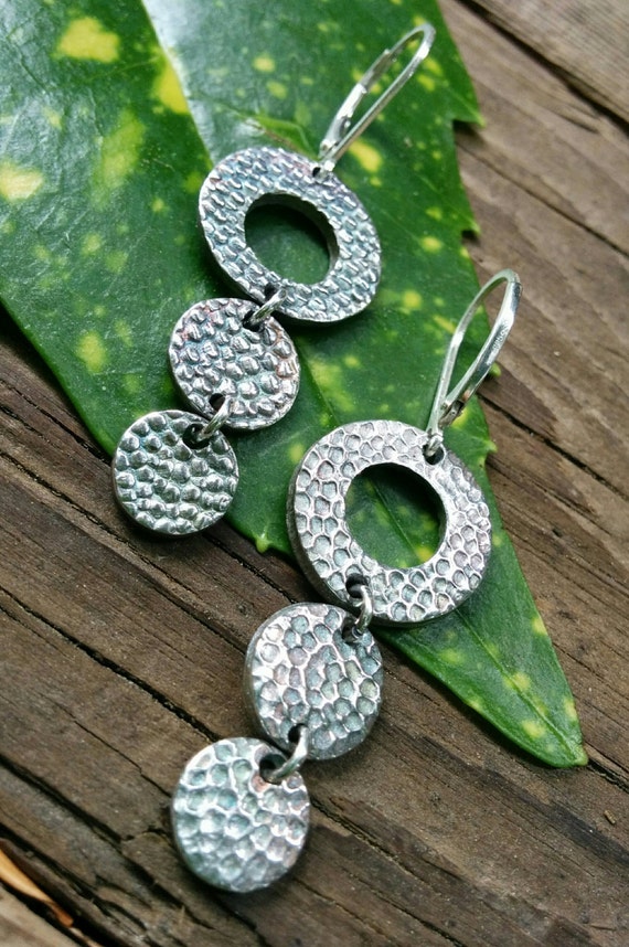 Circle Earrings Dangle Pebble Textured Fine Silver