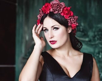 Red Burgundy Carmine flowers crown Roses Handmade fasion wedding hair accessories Bridal headpiece Festival headband dark red hairdress