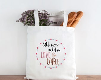 Canvas Tote Bag, Coffee Tote Bag, Love and Coffee Canvas Tote Bag, Printed Tote Bag, Market Bag, Shopping Bag, Reusable Grocery Bag 0062