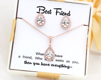Wedding Necklace Earrings set Rose Gold plated Teardrop Zirconia Earrings necklace Wedding Jewelry Bridal Jewelry Bridesmaid Gift