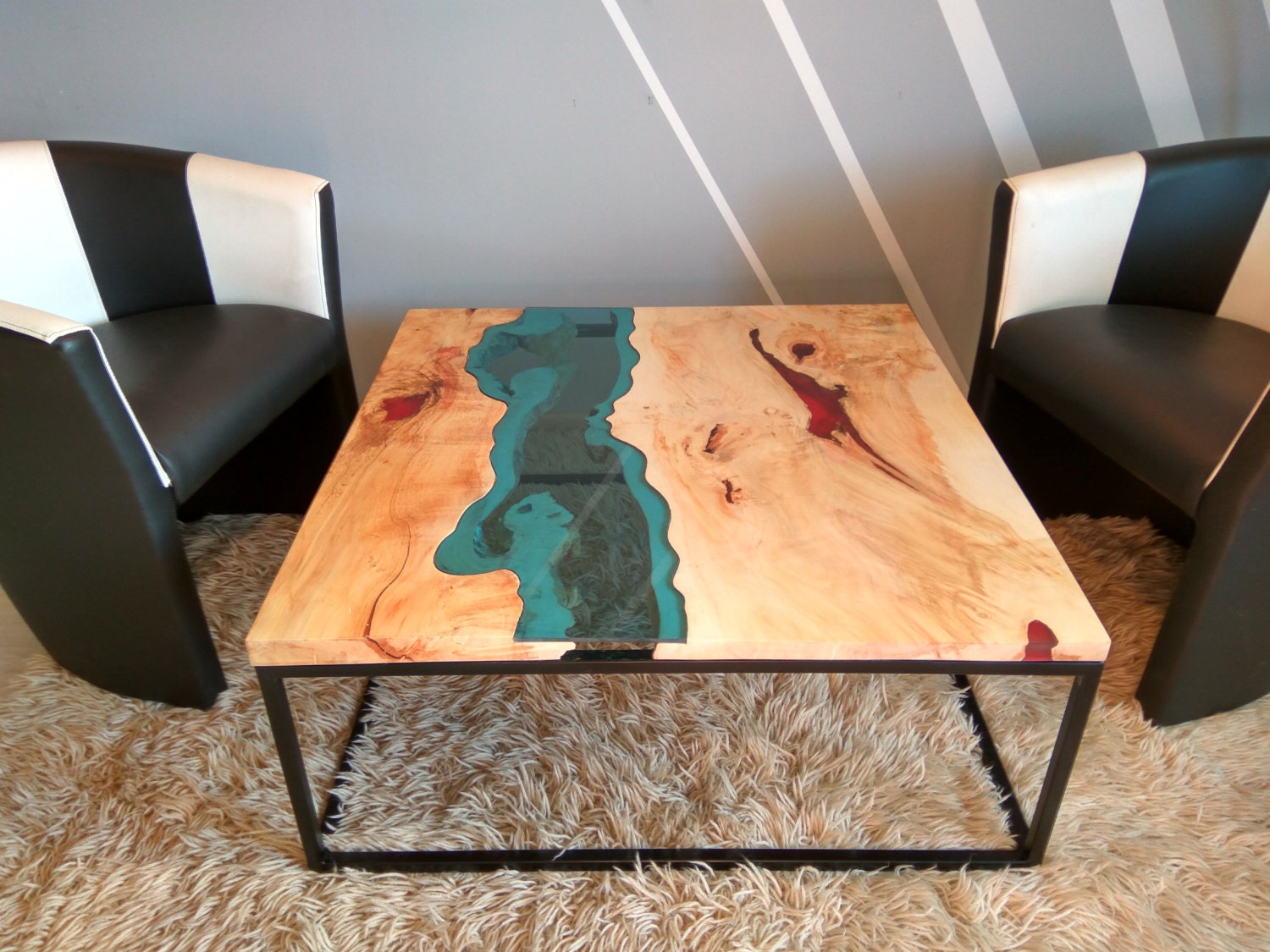 SOLD Live edge river coffee table with red epoxy inlay SOLD