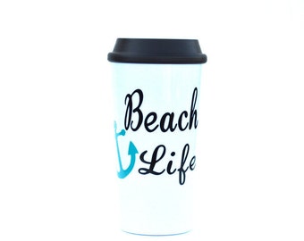 Beach Travel Mug, coffee tumbler, surfer gift, ocean, coffee mug, beach decor, surfer girl, beach cups, beach life